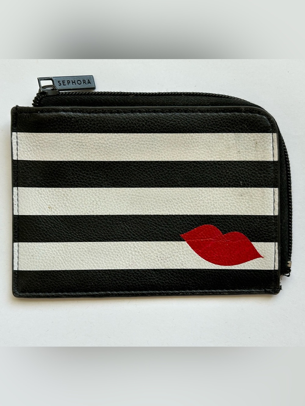 Preowned Sephora Striped Cosmetic Pouch Red Lip Women Pouch Visible Stains